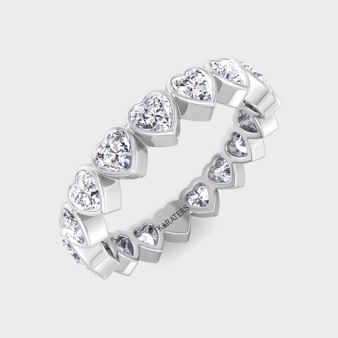 Bezel set heart shape lab-grown diamond eternity band in 14K rose gold, HEB292