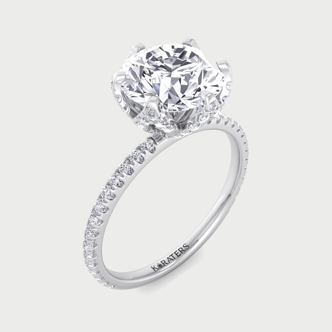 Round cut hidden halo lab-grown diamond engagement ring with thin pavé band, LDRN106