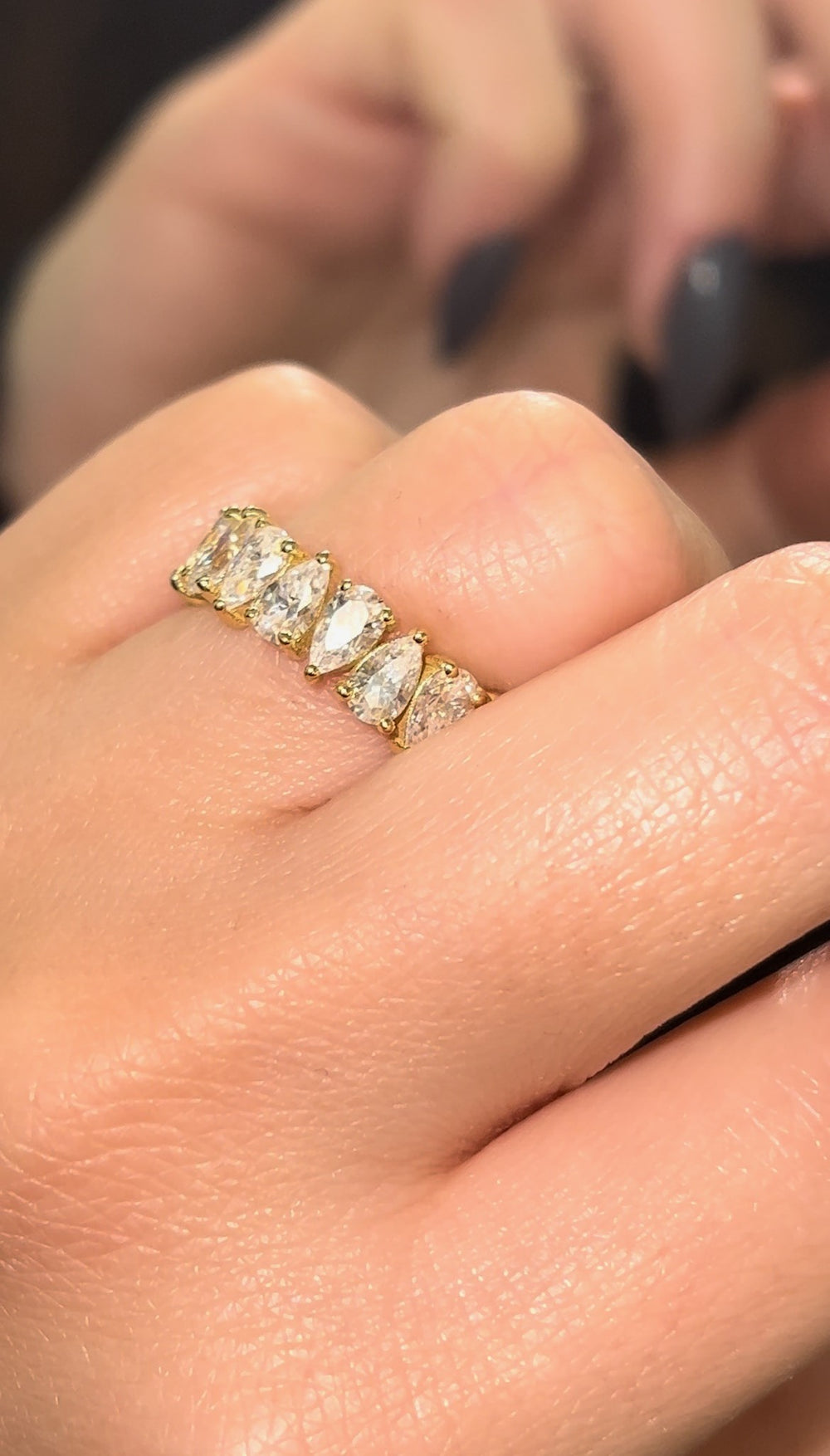 Lorca - Pear Shape Lab Grown Yellow Gold Diamond Eternity Band, Female Hand