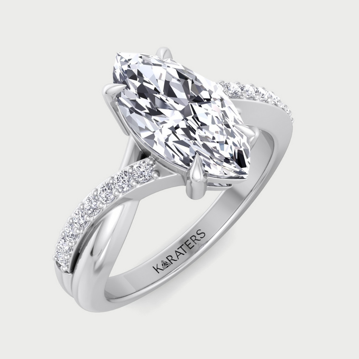 Lobelie Marquise Cut Lab-Grown Diamond Engagement Ring with Twist Pave Band in 14K White Gold