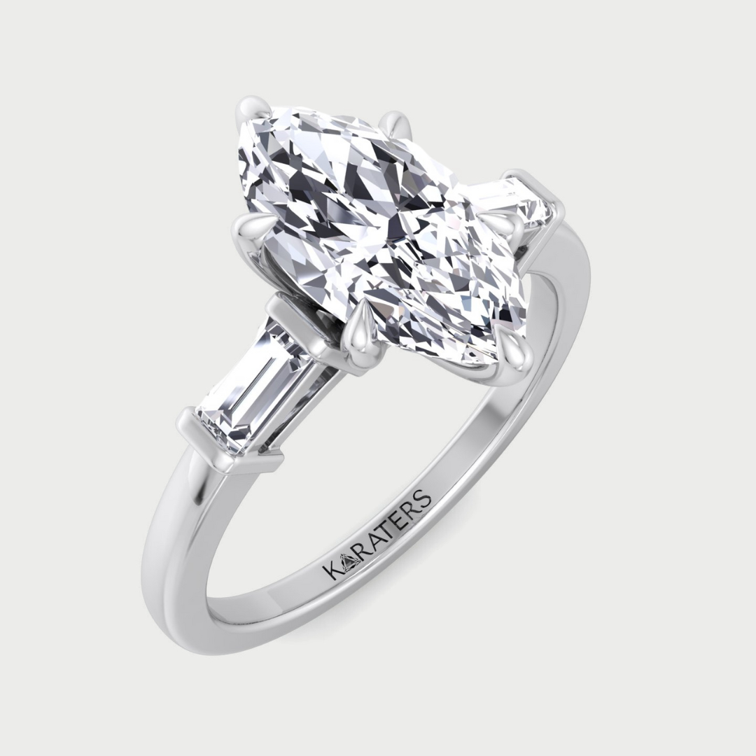 Marquise Shape Lab Grown Diamond Engagement Ring With Baguette SideStones