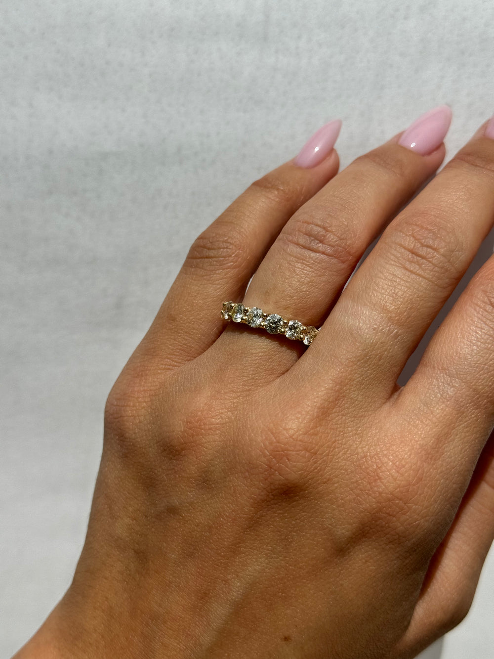 Mieres-Classic Round Cut Lab Yellow Gold Diamond Eternity Band, Female Hand