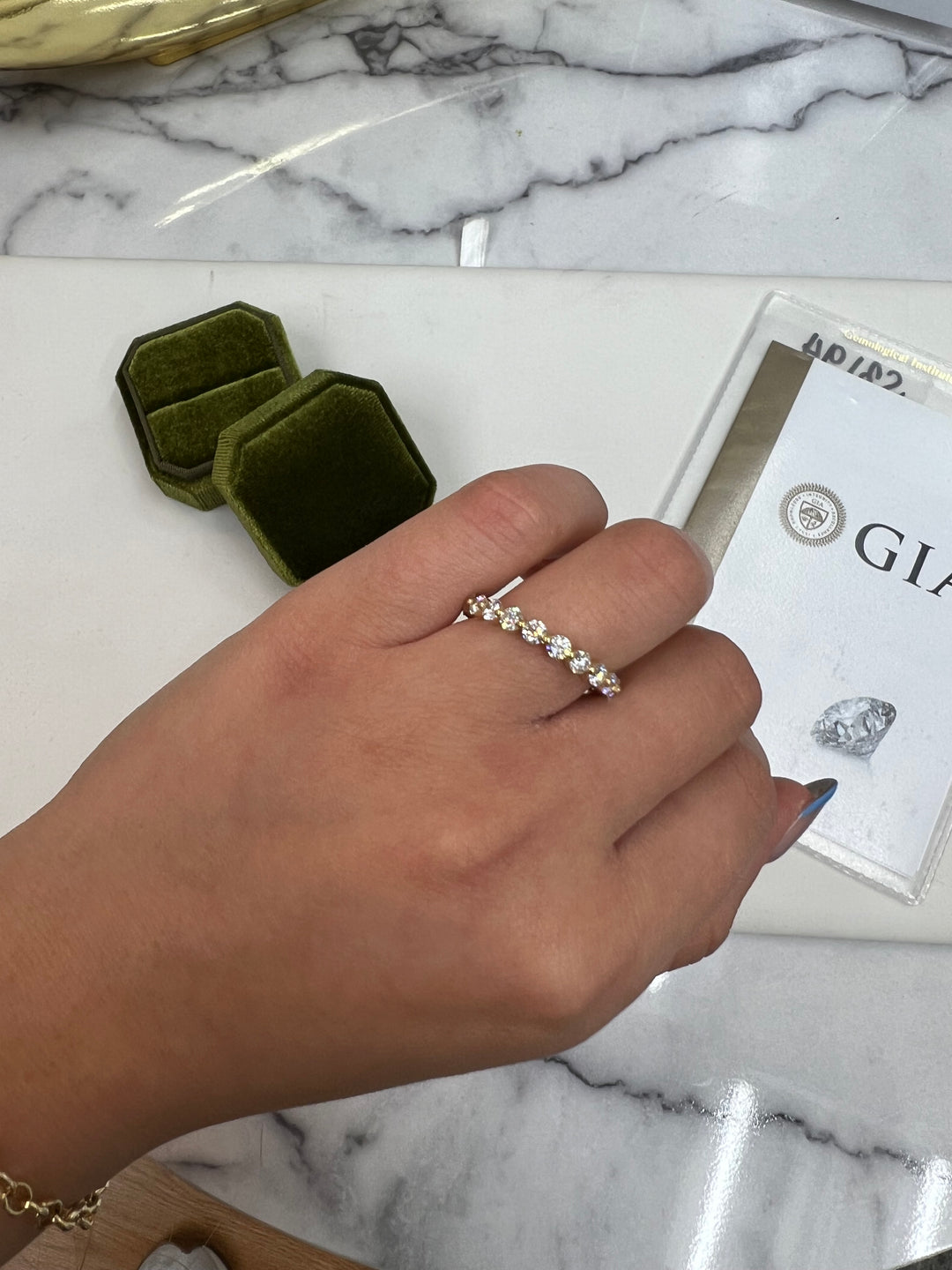 Murcia-Round Lab Yellow Gold Diamond Eternity Band, Female Finger