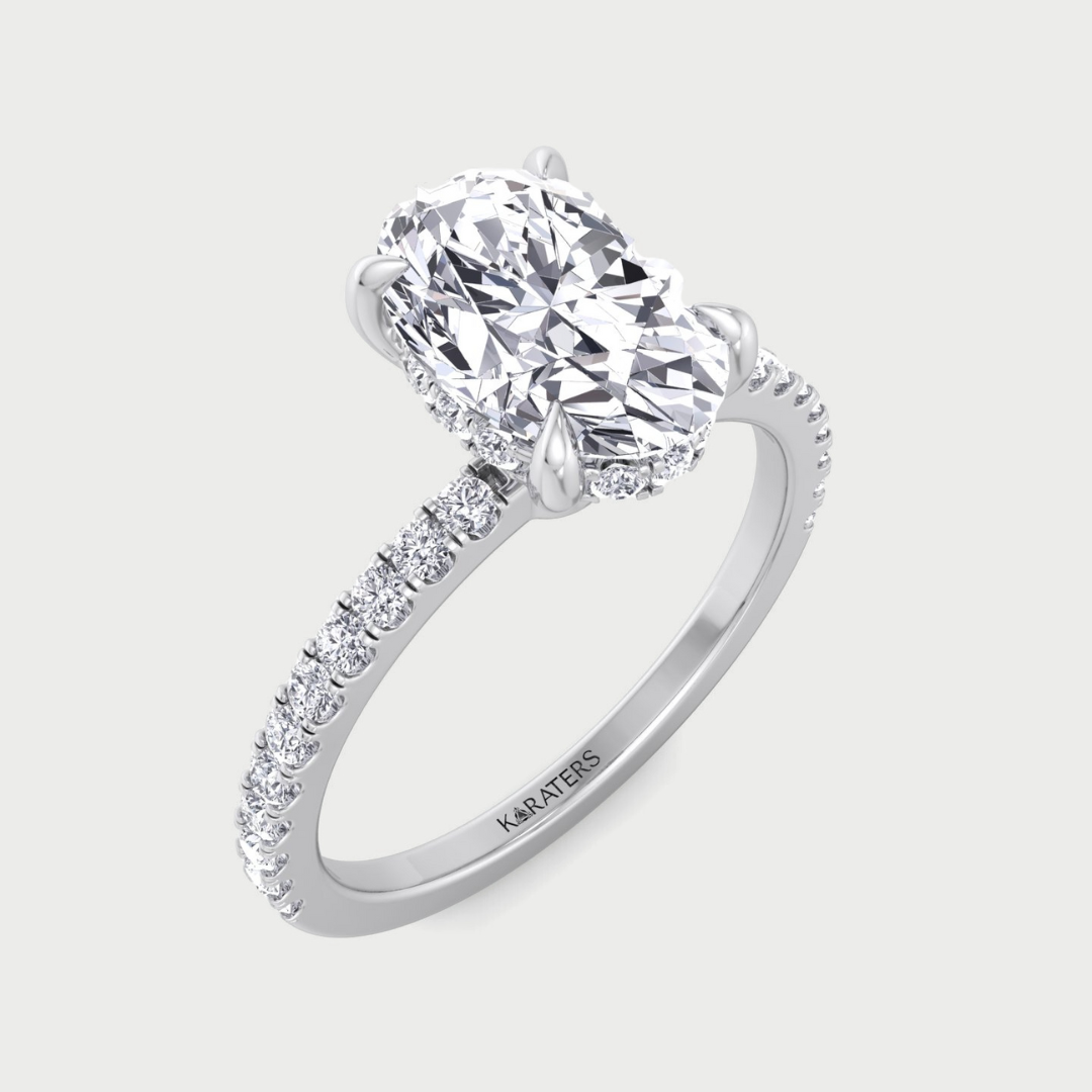 Oval Lab-Grown Diamond Invisible Halo Engagement Ring With Sidestones