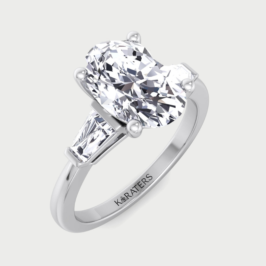 Oval Cut Lab Grown Diamond Engagement Ring with Tapered Baguette
