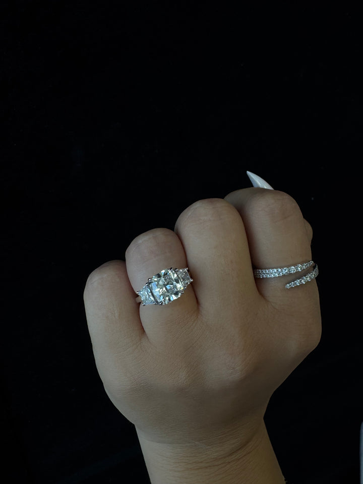 Cushion & Trapezoid Three Stone Lab-Diamond Engagement Ring