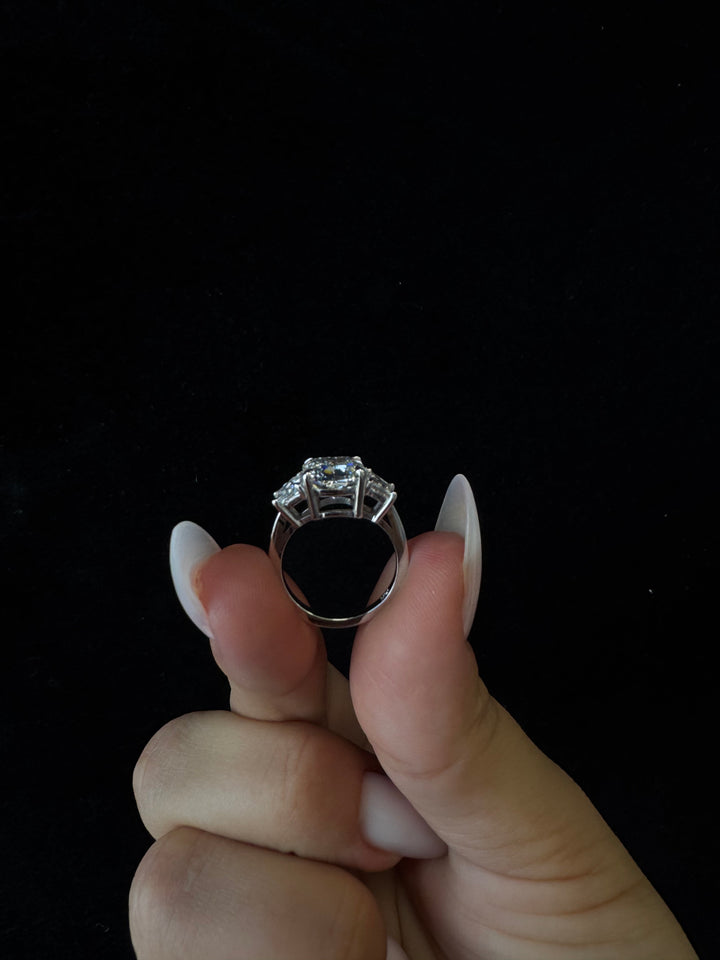 Cushion & Trapezoid Three Stone Lab-Diamond Engagement Ring