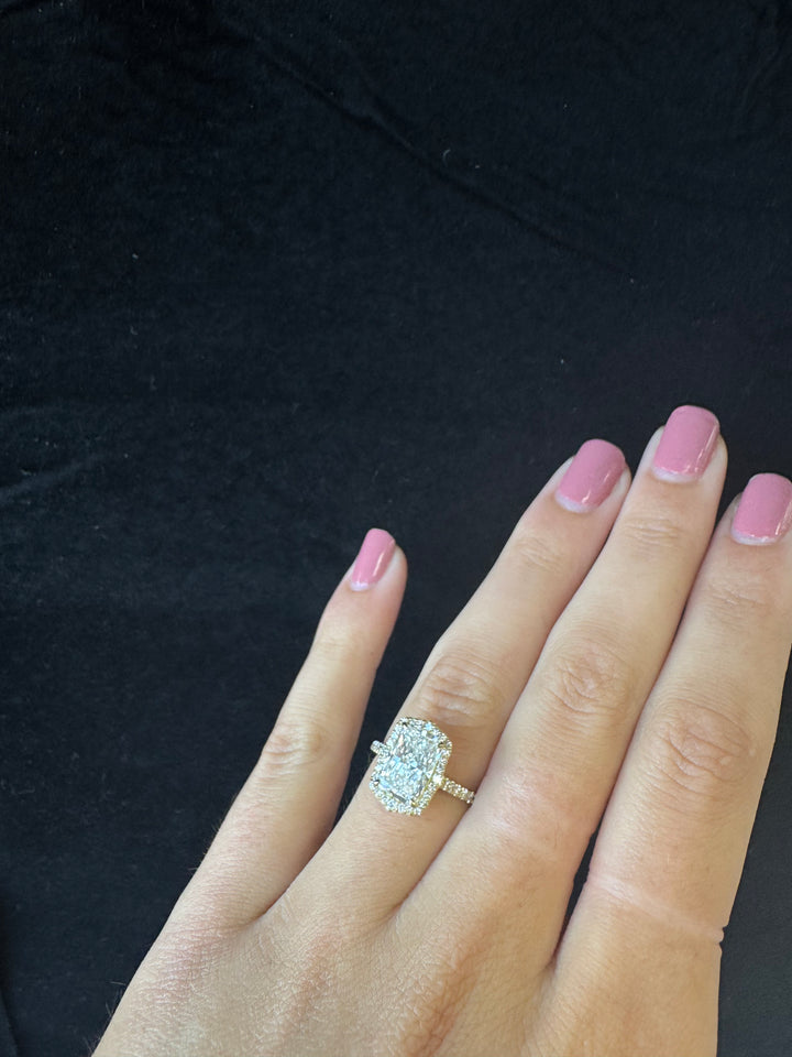 Vintage Style Radiant Cut Lab Grown Diamond Engagement Ring with Halo- Yellow Gold