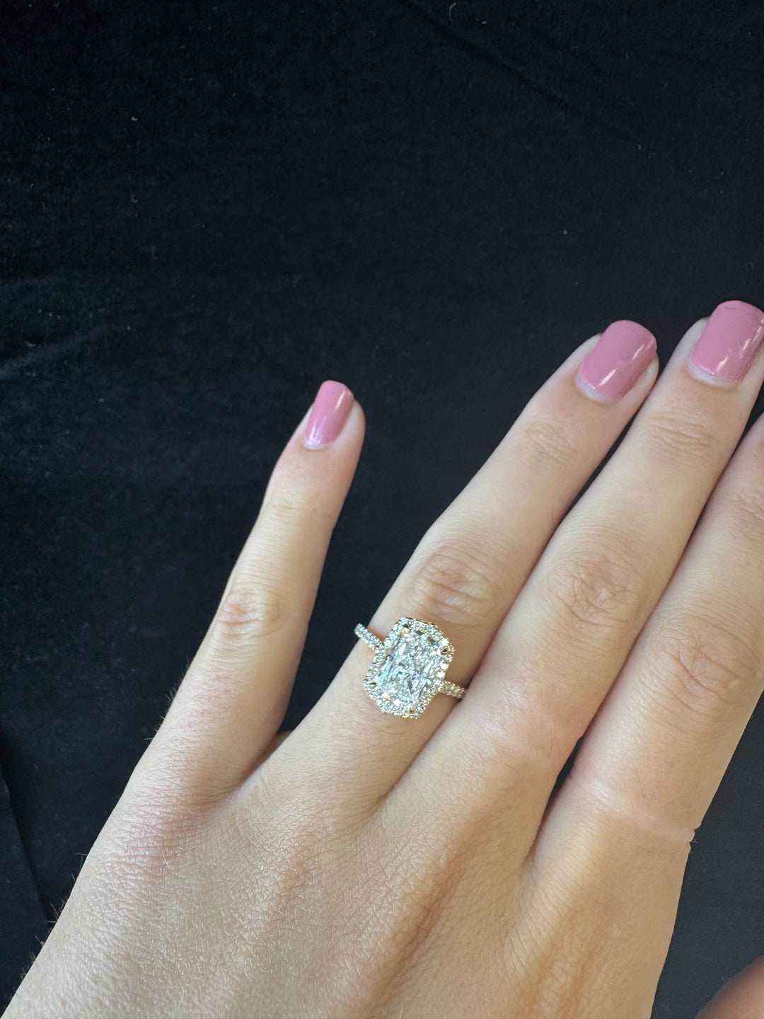 Vintage Style Radiant Cut Lab Grown Diamond Engagement Ring with Halo Rose 18K