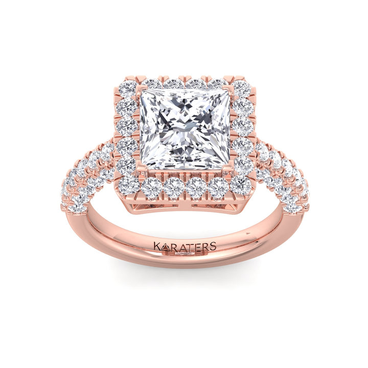 Princess-Cut Halo  Ring with Semi-Pave Band Rose Gold