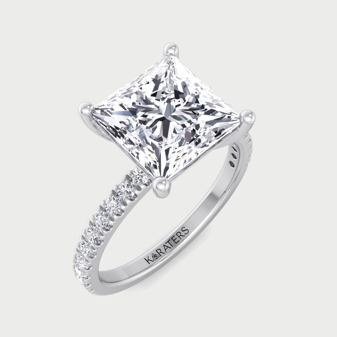 Princess Cut Lab Grown Diamond Engagement Ring with Pave SideStones