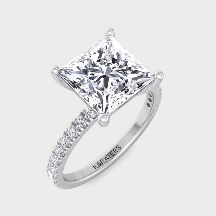 Princess Cut Lab Grown Diamond Engagement Ring with Pave SideStones