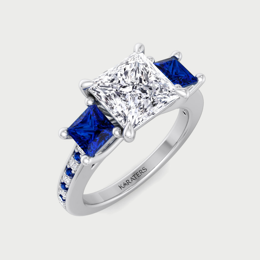 princess cut lab diamond engagement ring with blue sapphire side stones