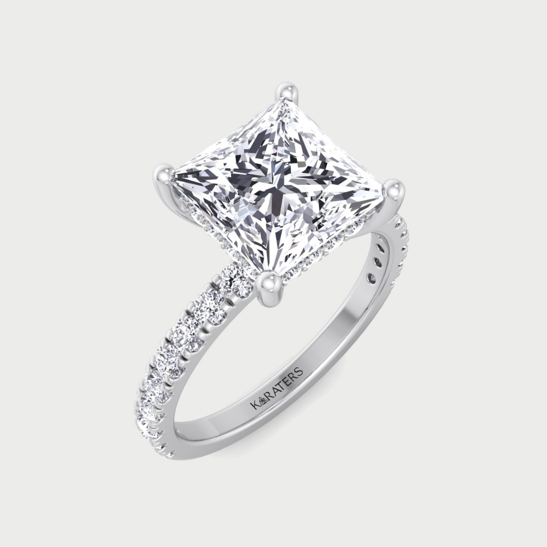 Princess Lab Diamond Engagement Ring Hidden Halo Pave Band