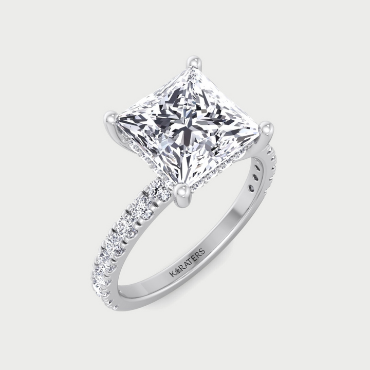 Princess Lab Diamond Engagement Ring Hidden Halo Pave Band