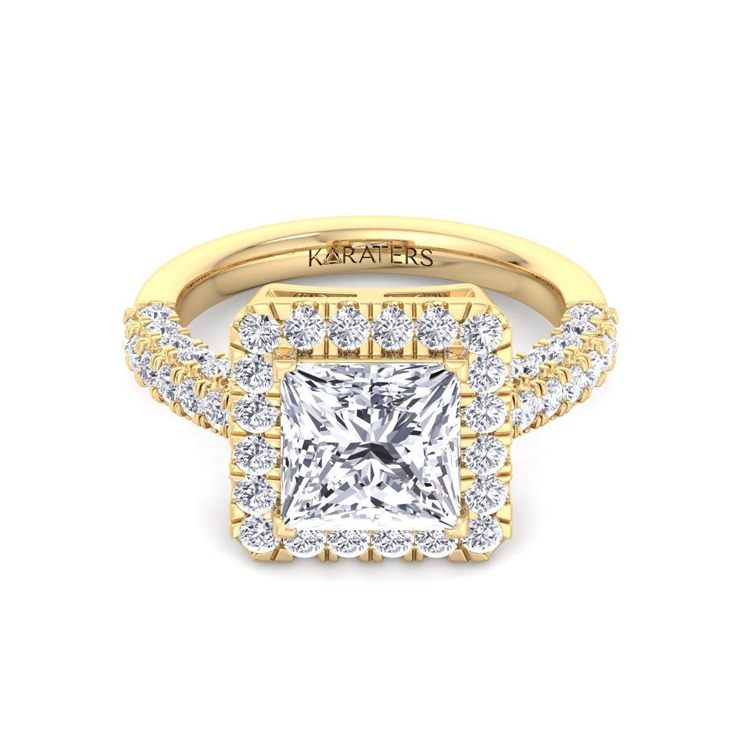 Princess Lab Diamond Halo Ring Semi-Pave Band Yellow