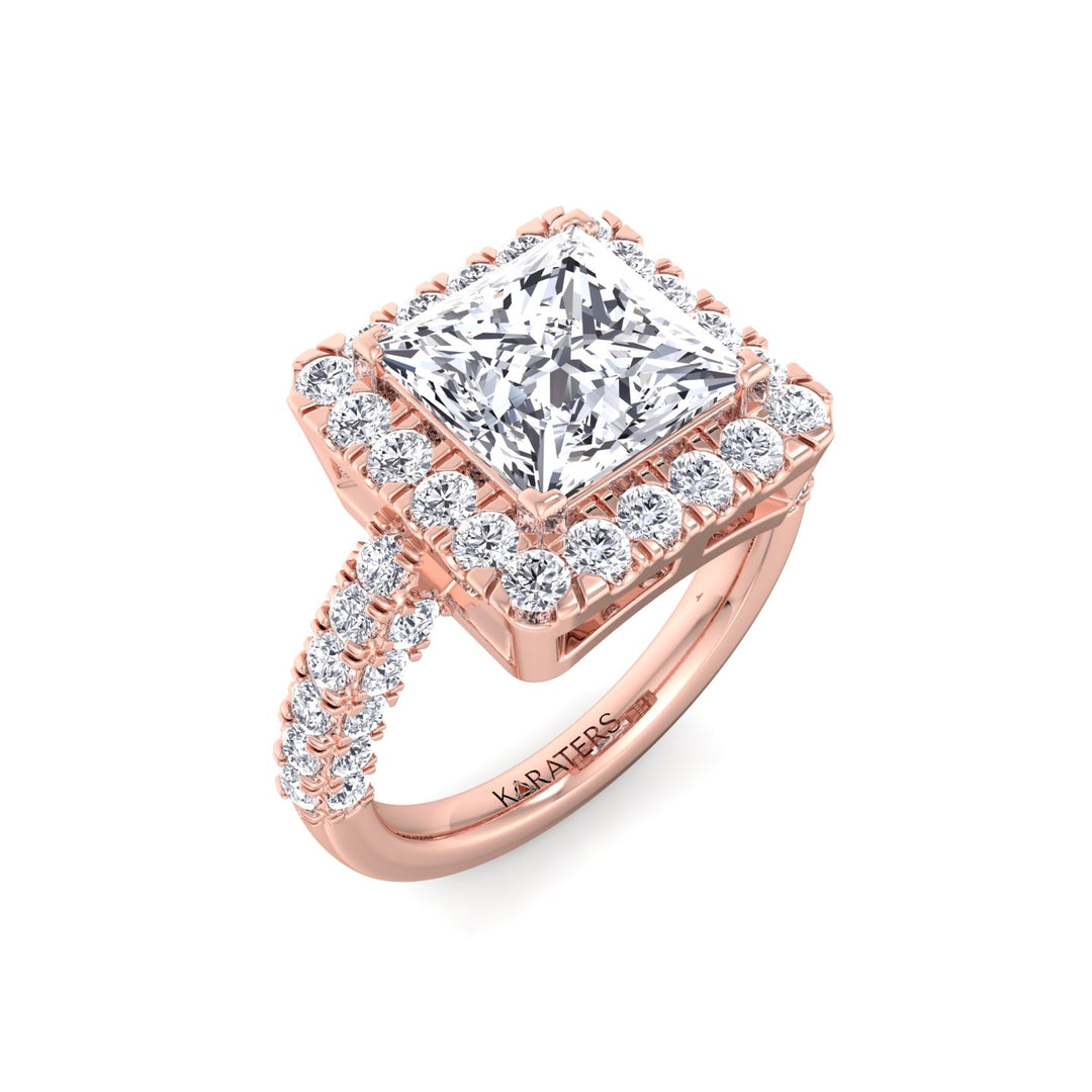 Princess Lab Diamond Halo Ring Semi-Pave Rose Gold