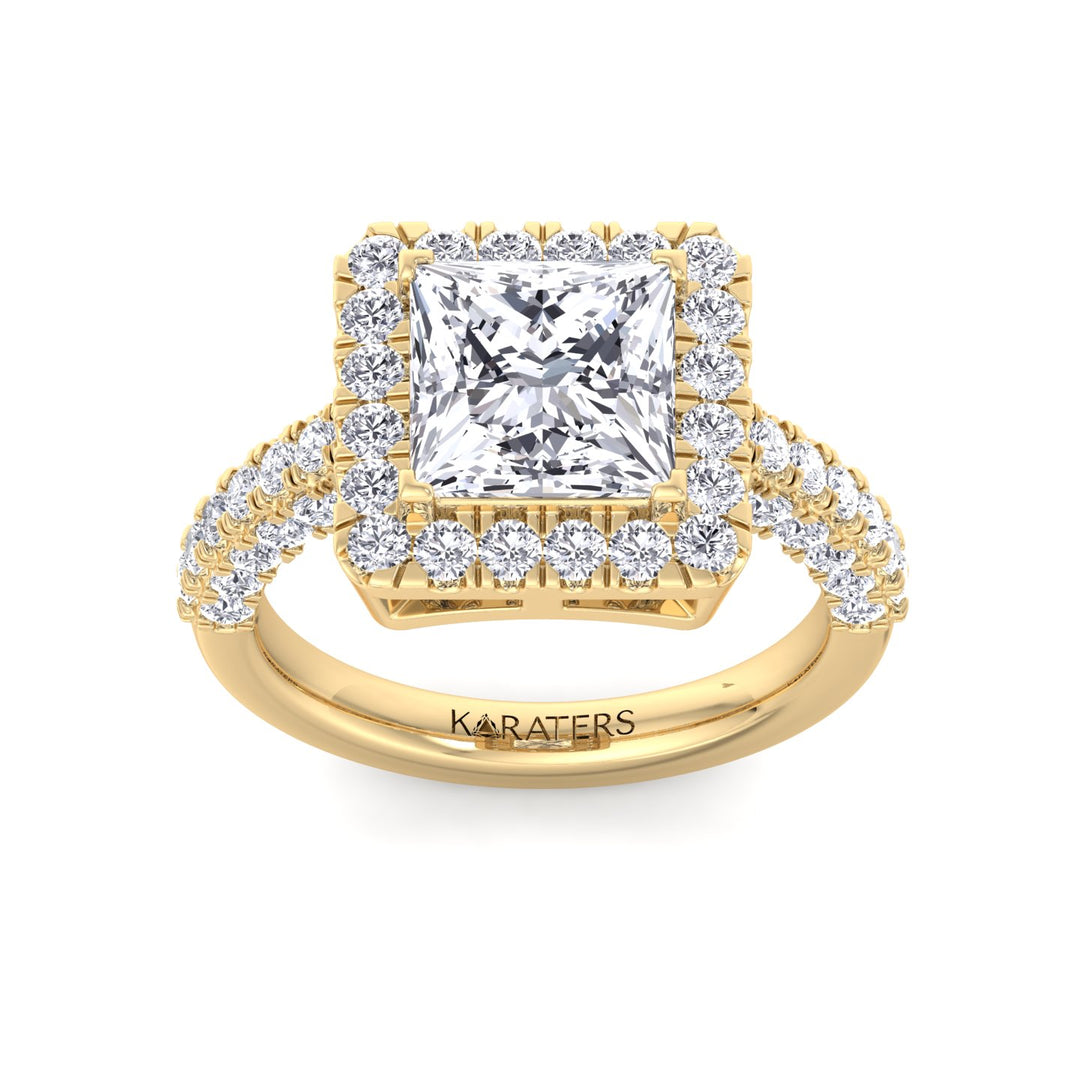 Princess Lab Diamond Halo Ring Semi-Pave Yellow Gold