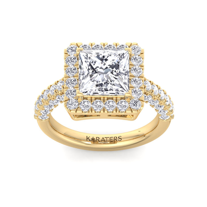 Princess Lab Diamond Halo Ring Semi-Pave Yellow Gold