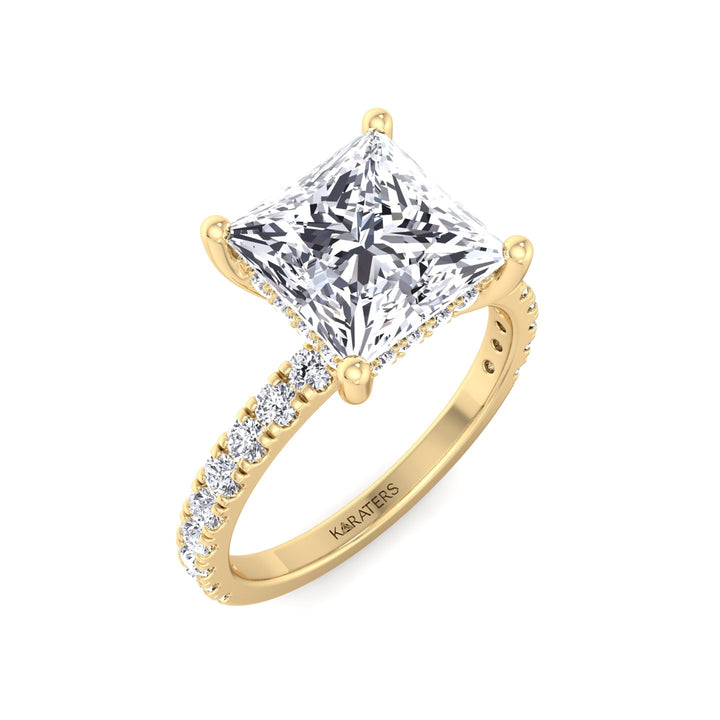 Princess Lab Diamond Ring Hidden Halo Pave Band Yellow