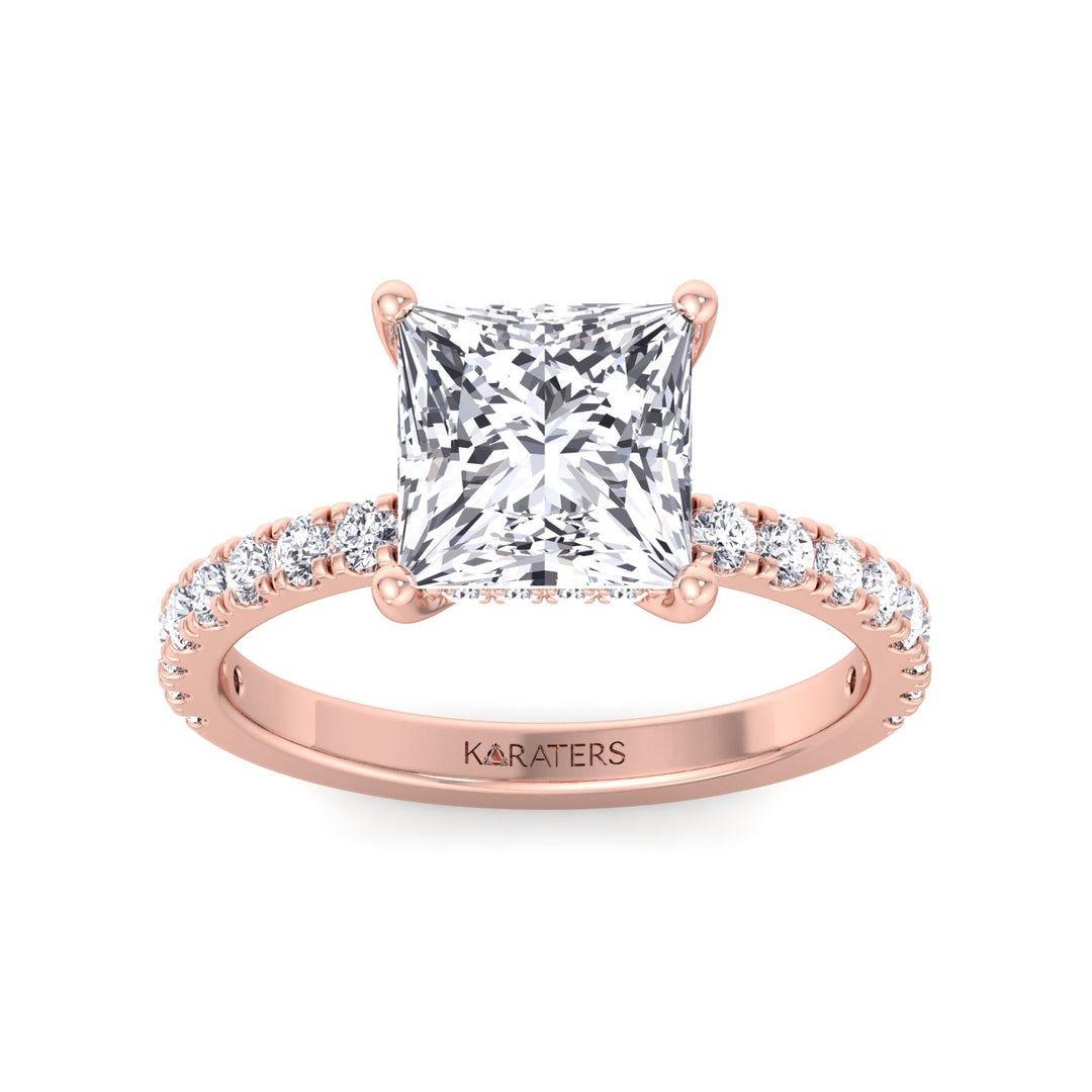 Princess Lab Diamond Ring Hidden Halo Pave Rose Gold
