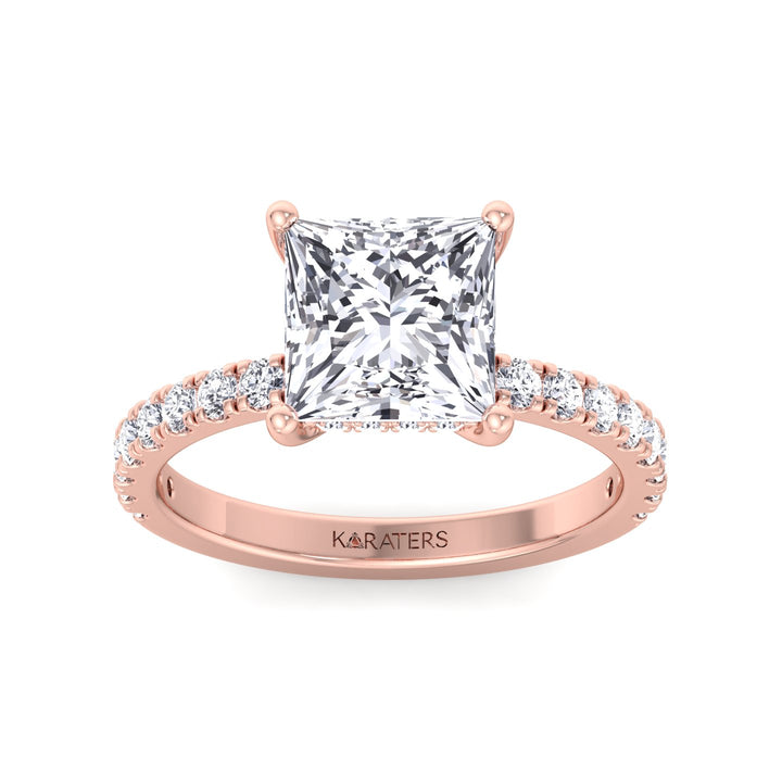 Princess Lab Diamond Ring Hidden Halo Pave Rose Gold