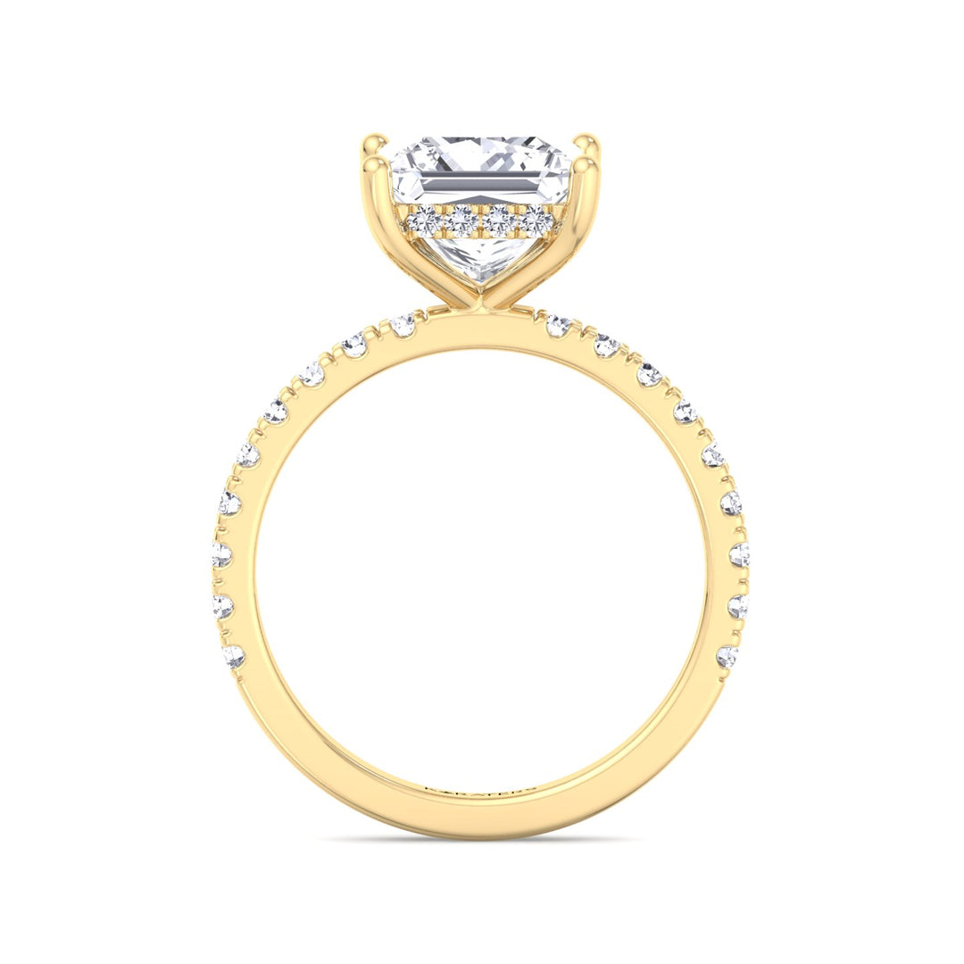 Princess Lab Diamond Ring Hidden Halo Pave Yellow Gold