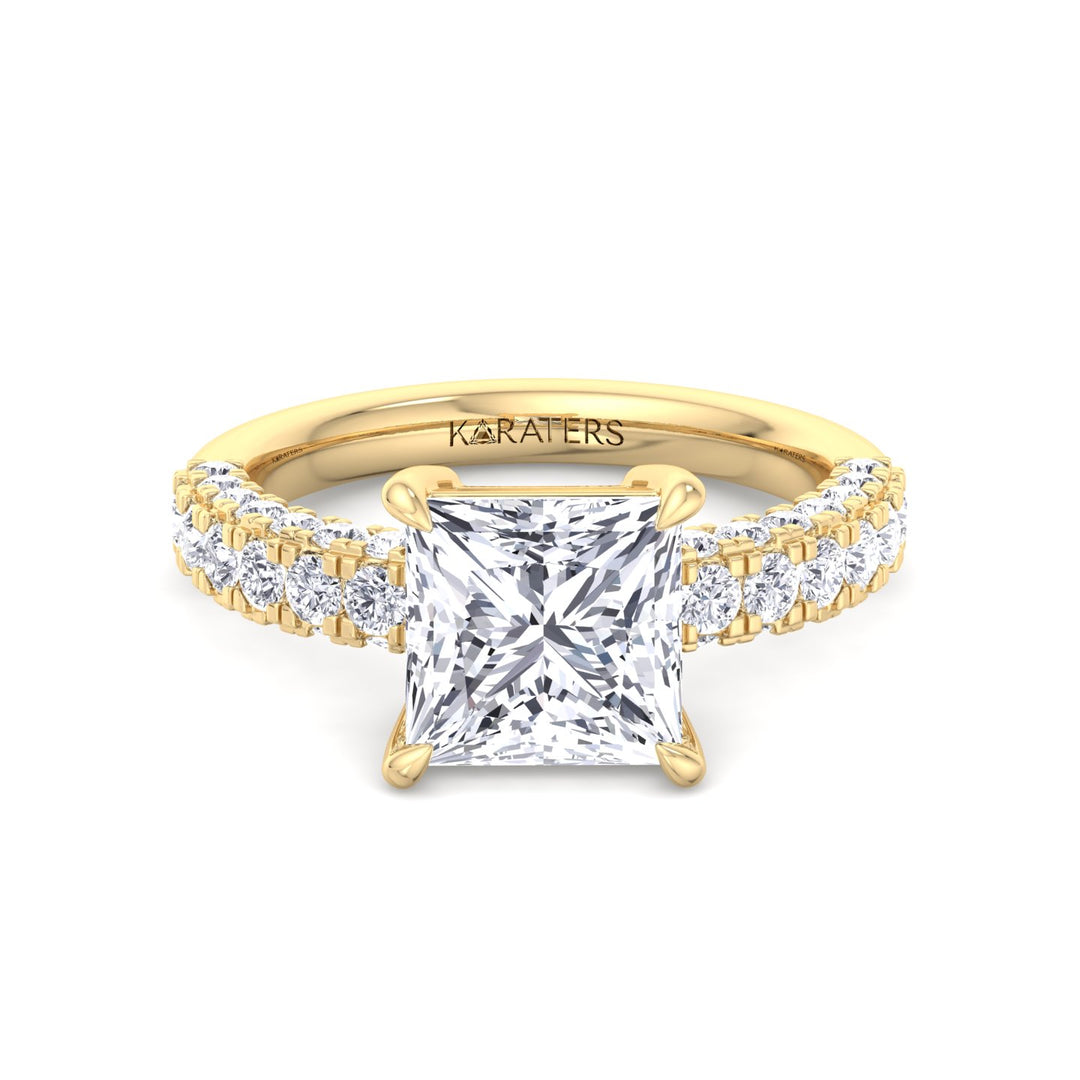 Princess Lab Diamond Ring Pave Band Yellow