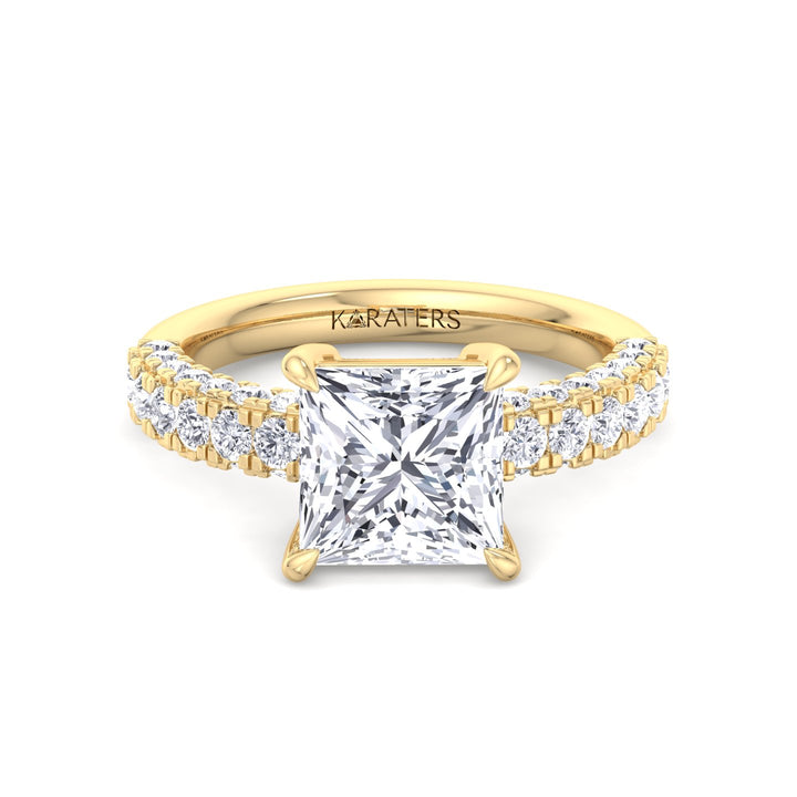 Princess Lab Diamond Ring Pave Band Yellow