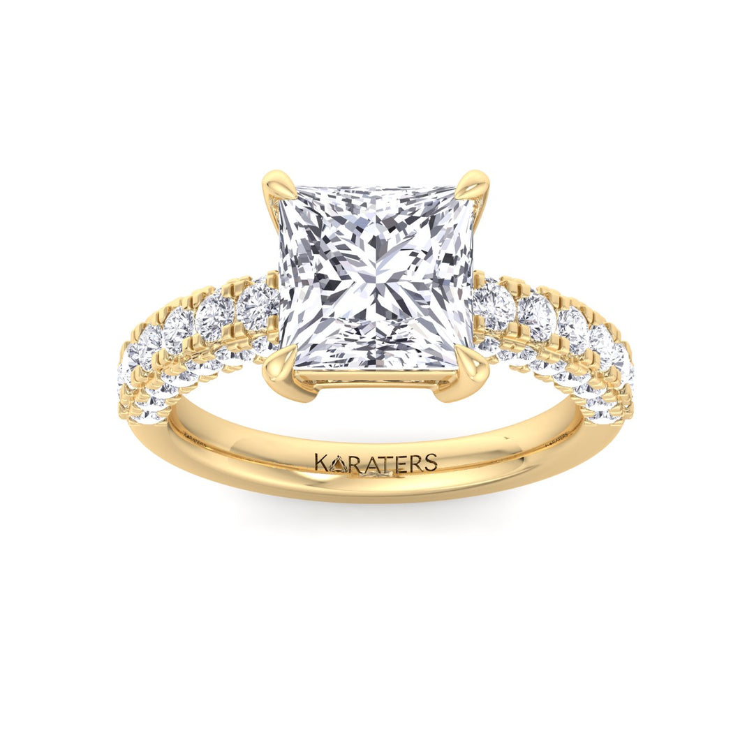 Princess Lab Diamond Ring Pave Band Yellow Gold