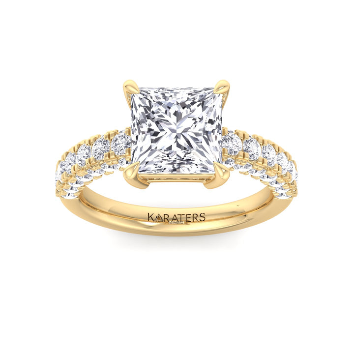Princess Lab Diamond Ring Pave Band Yellow Gold