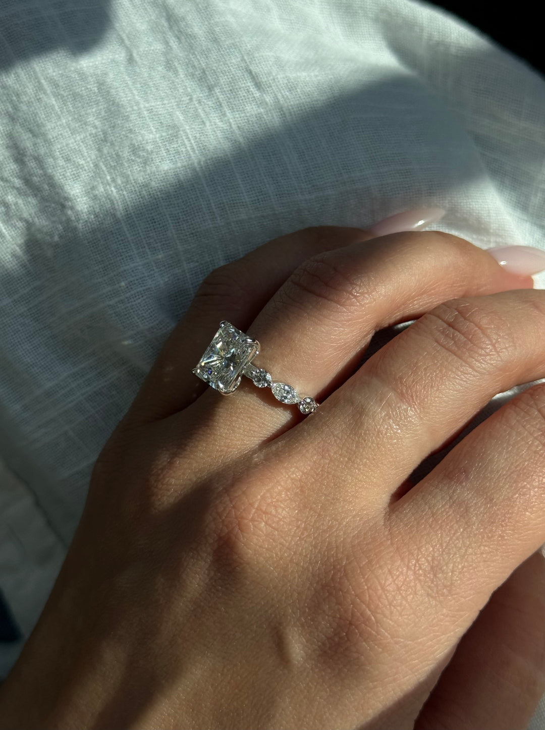 Radiant Diamond Ring Hidden Halo & Round Sidetones