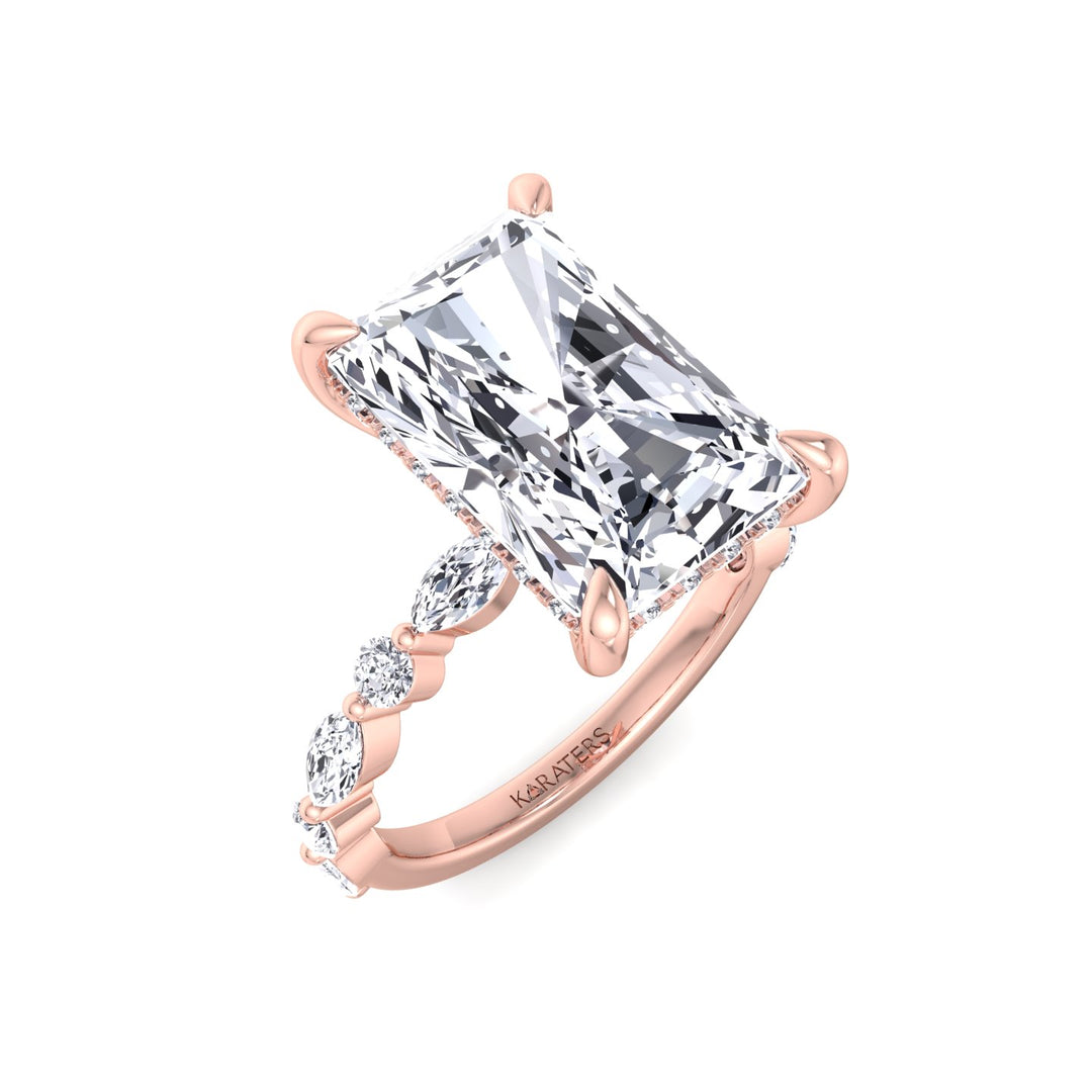 Radiant Diamond Ring Hidden Halo & Round Sidetones Rose