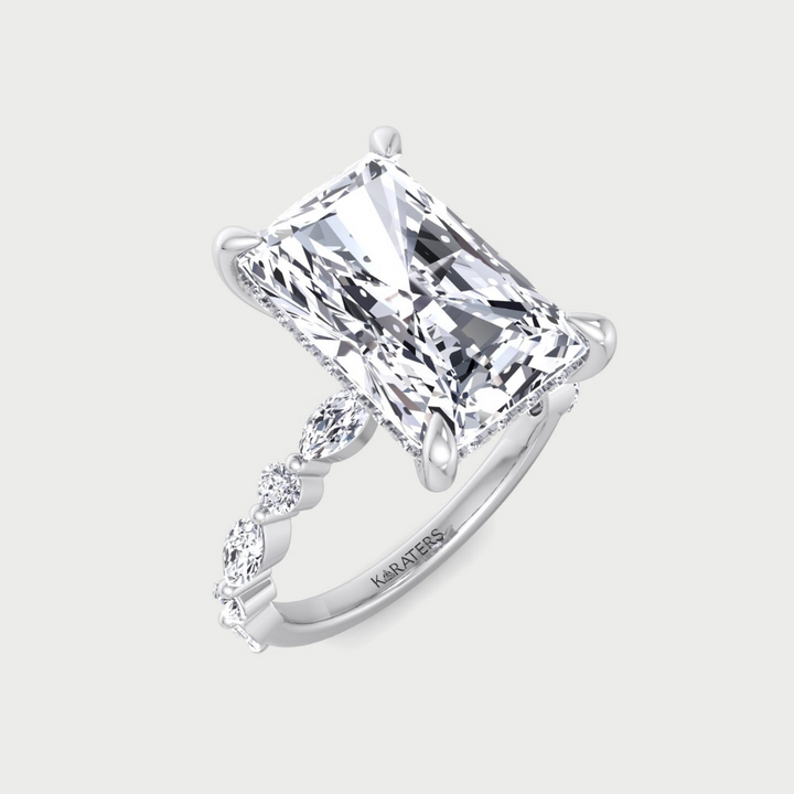 Radiant Lab Diamond Halo Engagement Ring Round & Marquise Side Stones