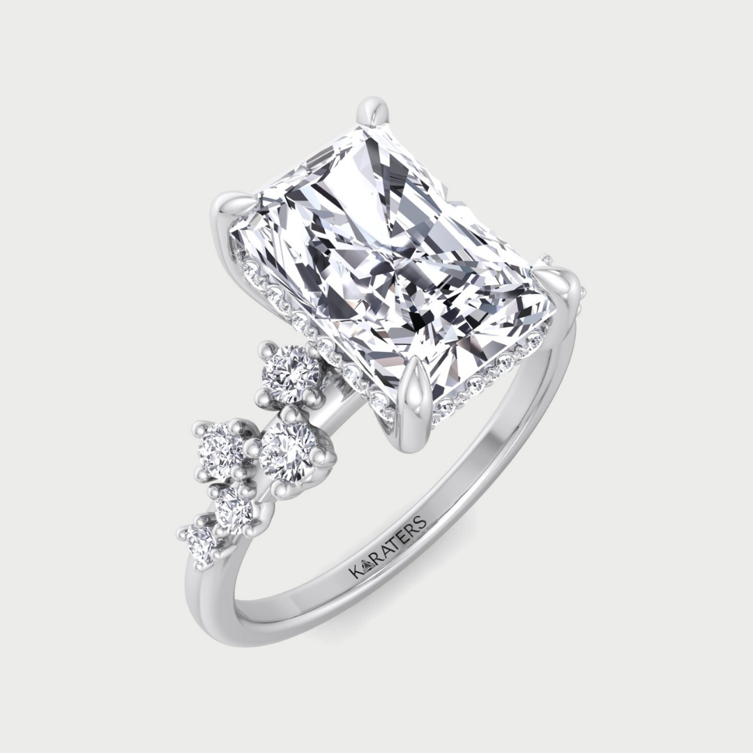 Radiant Lab Diamond Hidden Halo Engagement Ring Side Stones