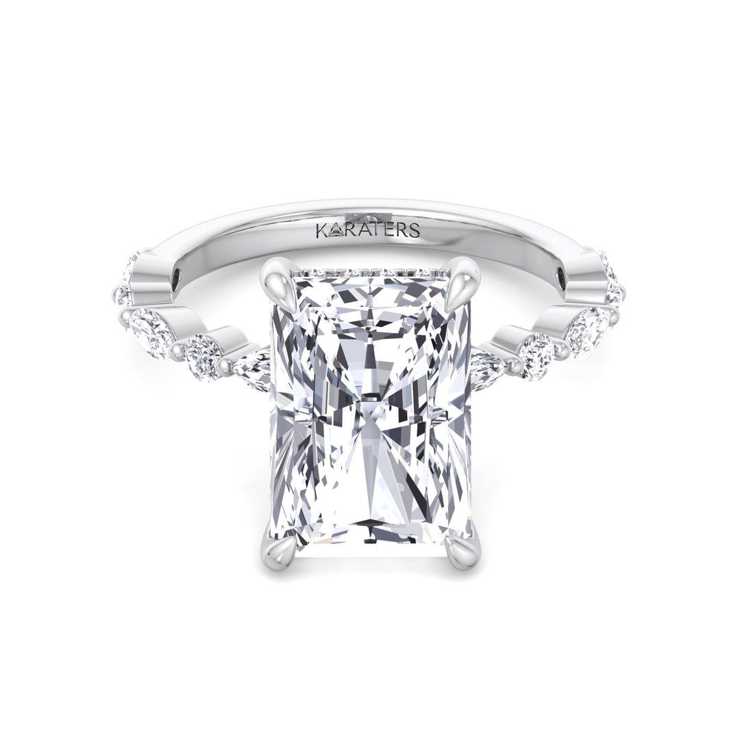 Radiant Lab Diamond Ring Hidden Halo & Round Side Accents