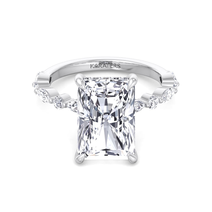 Radiant Lab Diamond Ring Hidden Halo & Round Side Accents