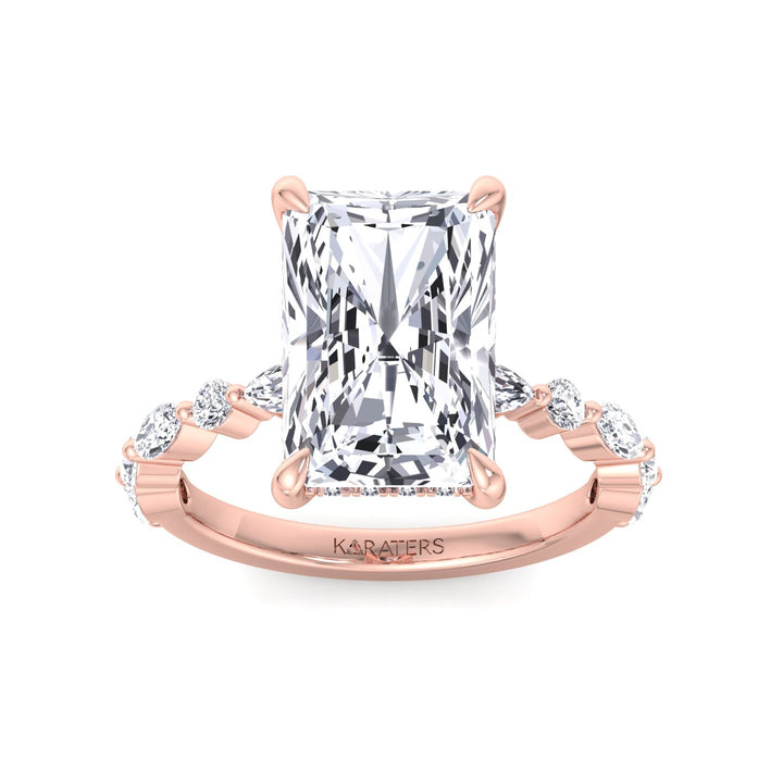 Radiant Lab Diamond Ring Hidden Halo & Round Sidetones Rose