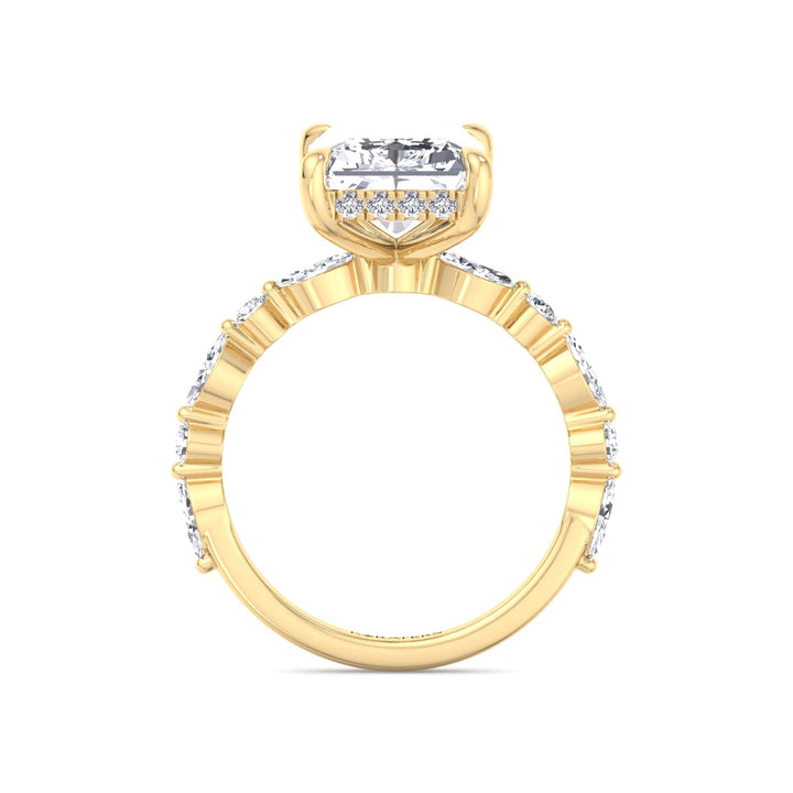 Radiant Lab Diamond Ring Hidden Halo & Round Sidetones Yellow