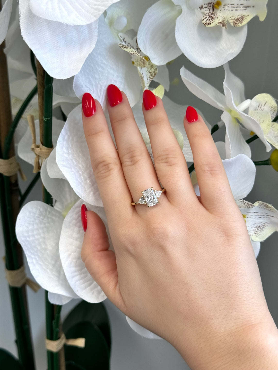 Radiant Solitaire Lab Diamond Ring Trillion Sidestones