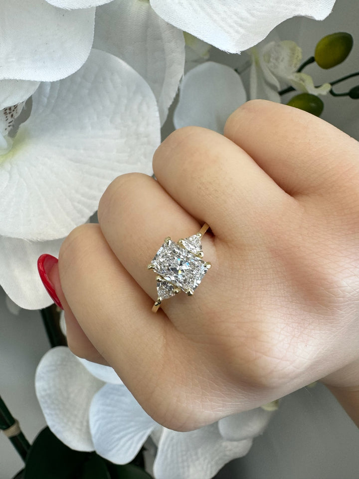 Radiant Solitaire Lab Diamond Ring Trillion Sidestones Rose