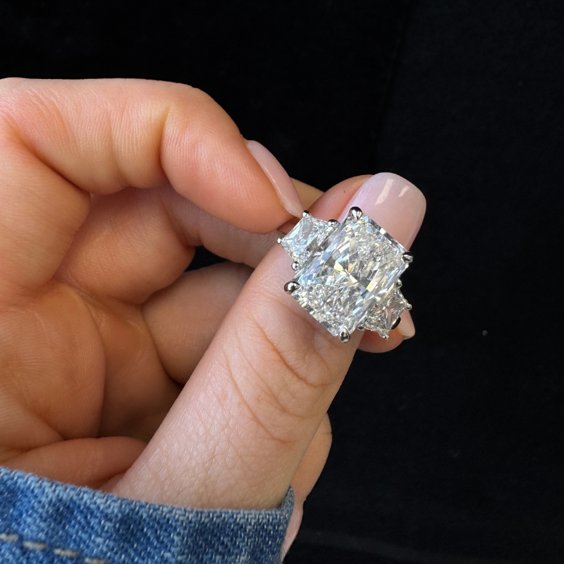 Radiant & Trapezoid 3-Stone Lab-Diamond Engagement Ring, on Thumb