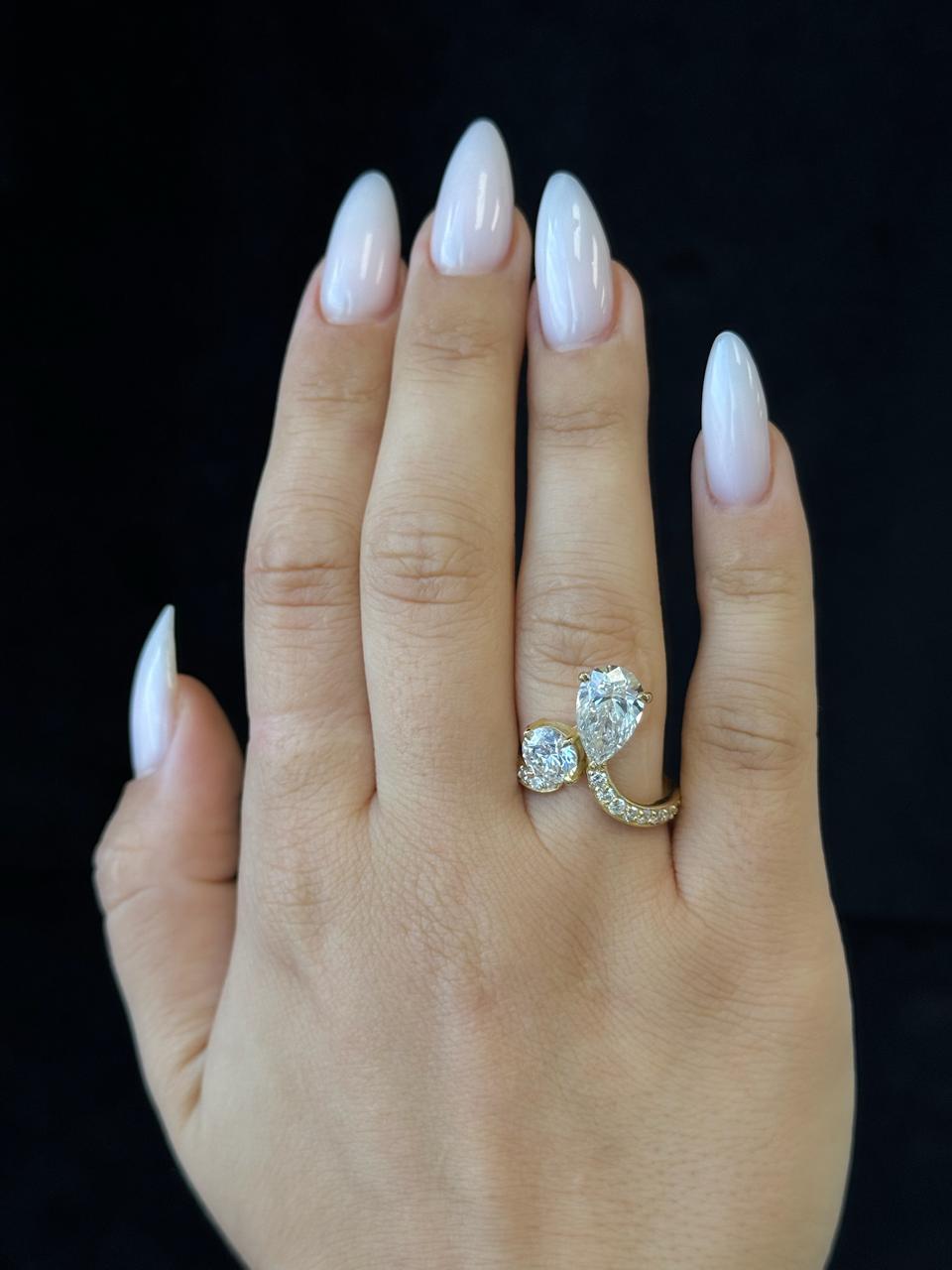 Regina - Toi et Moi Round Pear Lab Diamond Bypass Ring Pave Band