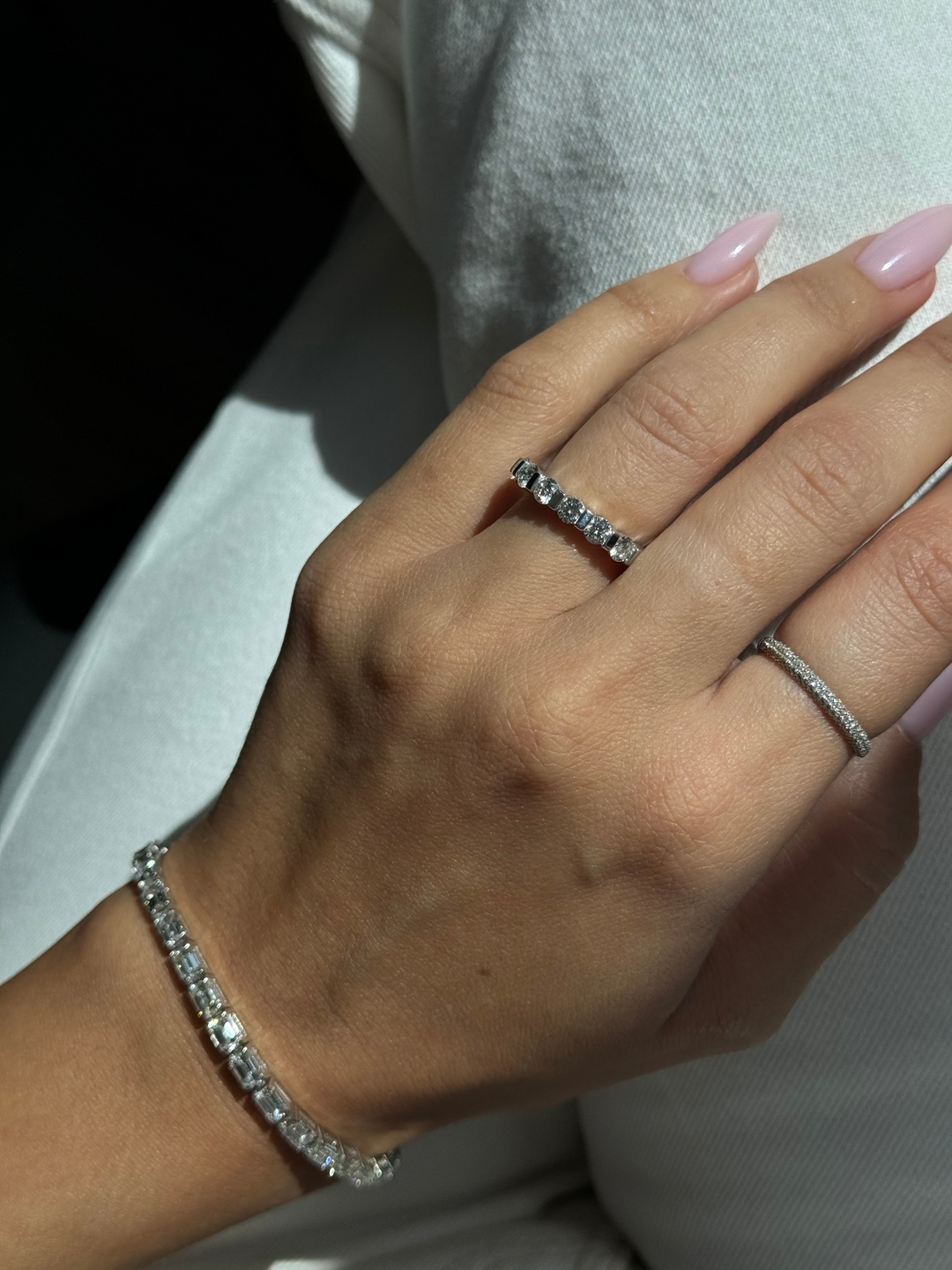 Requena-Round Lab White Gold Diamond Bar Set Eternity Band on Hand