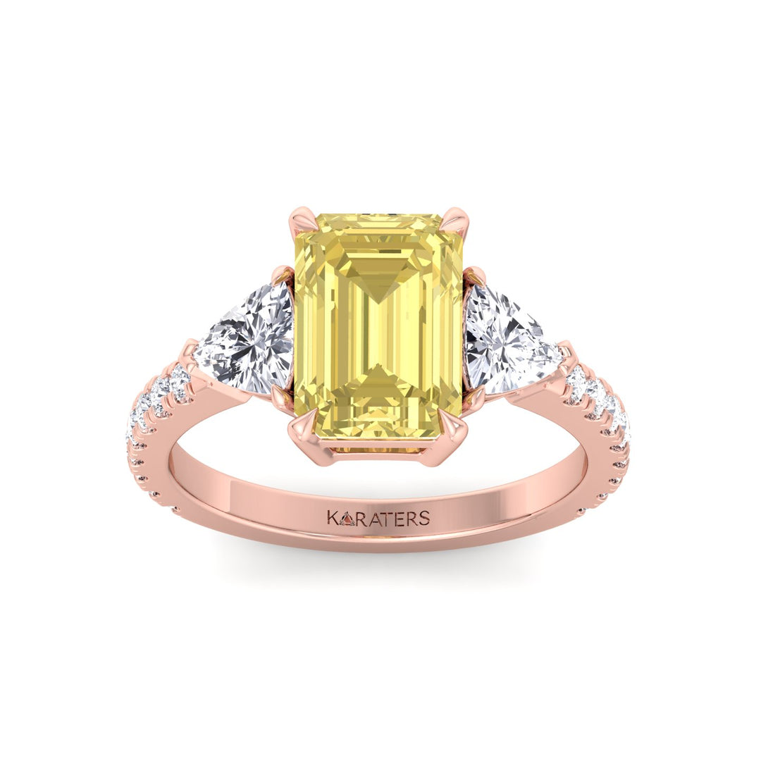 Fancy Yellow Emerald Shape Lab-Grown Diamond Engagement Ring with Trillion and Pave Sidestones