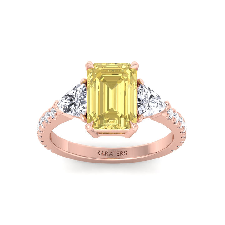 Fancy Yellow Emerald Shape Lab-Grown Diamond Engagement Ring with Trillion and Pave Sidestones