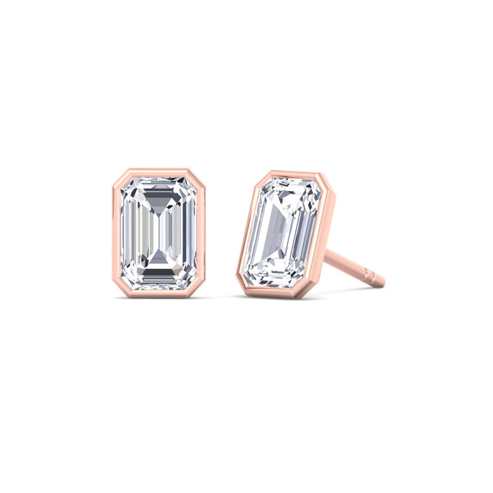 Bezel Set Emerald Shape Lab Grown Diamond Studs Rose Gold  14K 18K