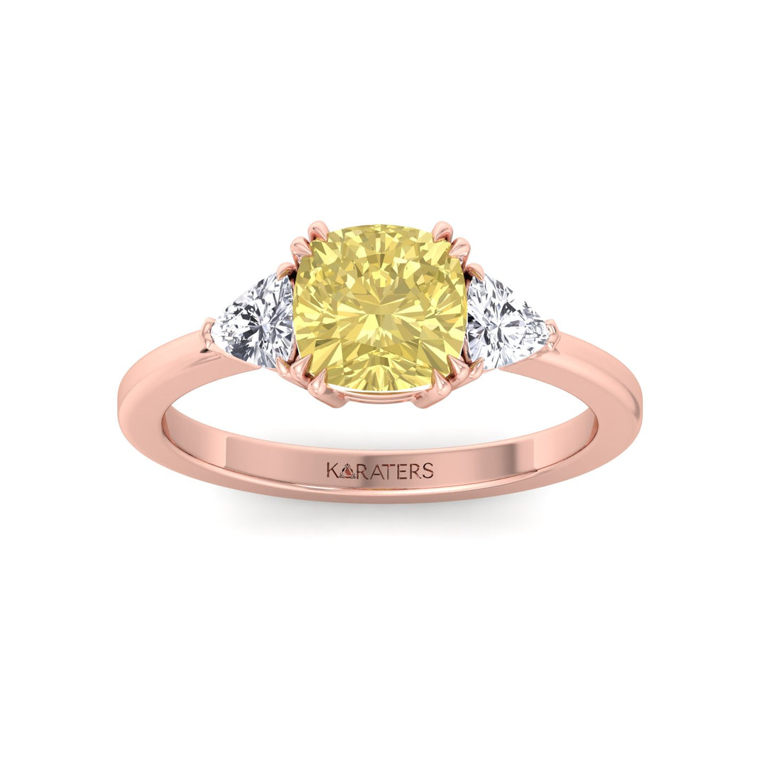 Fancy Yellow Cushion Cut Lab Grown Diamond Engagement Ring with Trillion Sidestones Rose Gold 14K 18K
