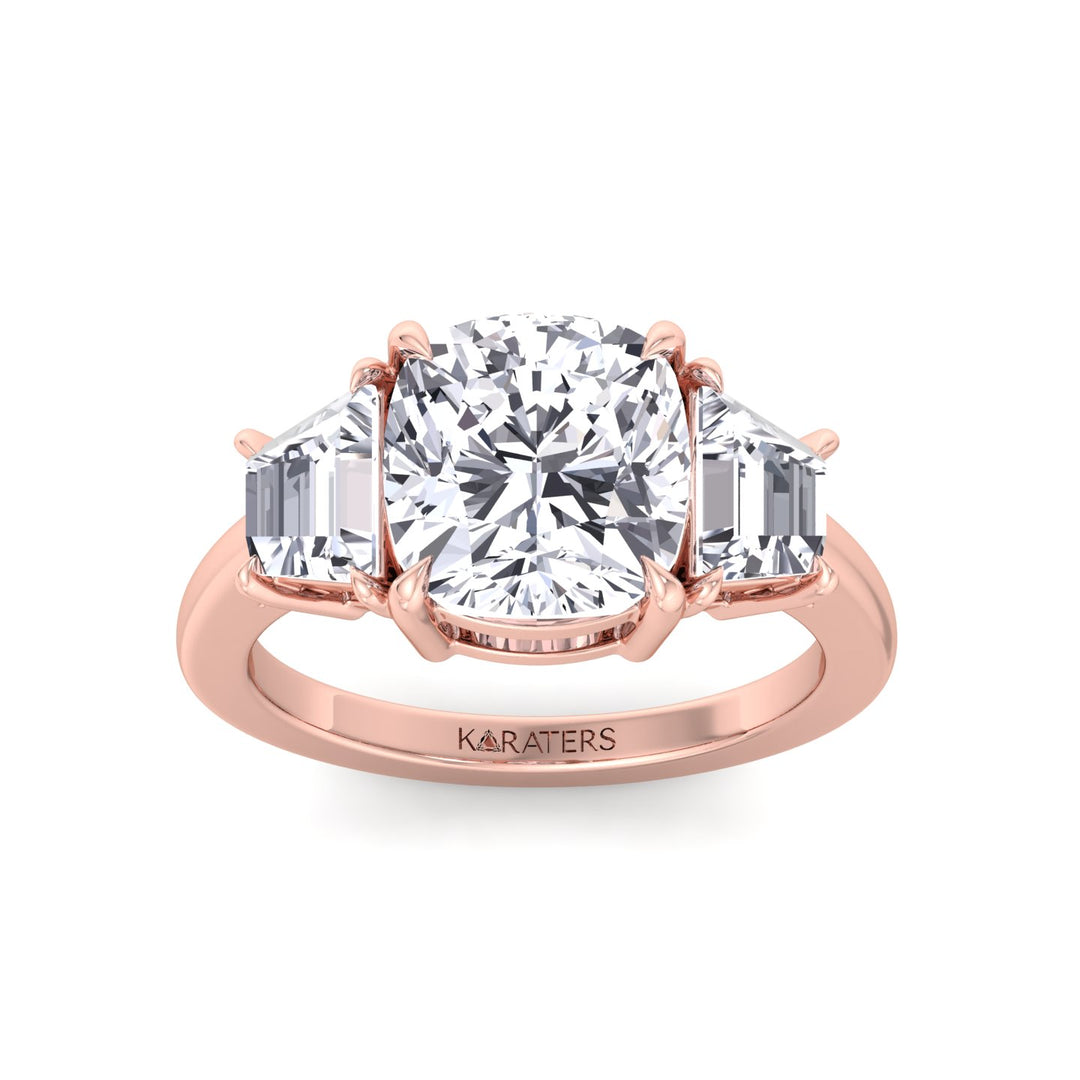Cushion & Trapezoid Three Stone Lab-Diamond Engagement Ring Rose Gold 14K 18K