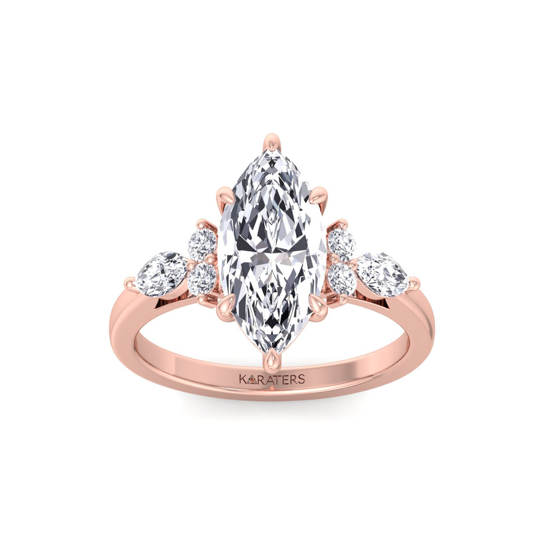 Marquise Shape Lab Grown Diamond Engagement Ring with Marquise and Round Sidestones-14K-18K-1CT-2CT-3CT-4CT-5CT-6CT-7CT-8CT-9CT-10CT-Rose Gold